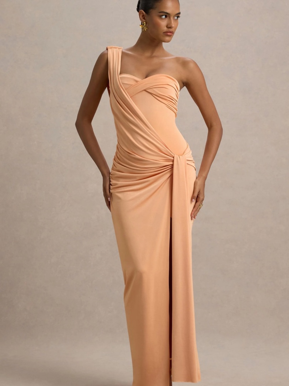Club L London Peach One-Shoulder Twist Dress